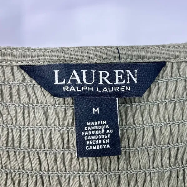 M Olive M Top Green Ralph Lauren Black Label Smocked Jersey Blouson Blouse - Image 4