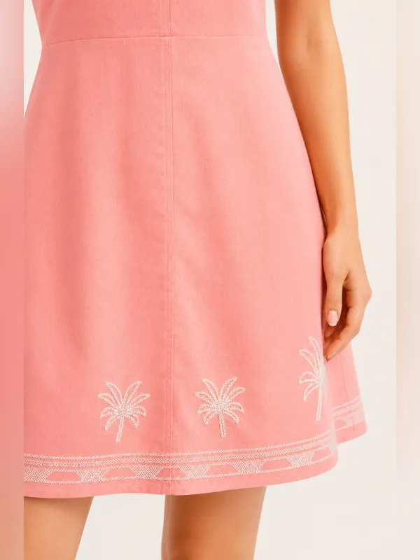 GIGIO Palm Tree Embroidered Linen Mini Dress Bubble Sleeve L - Image 7