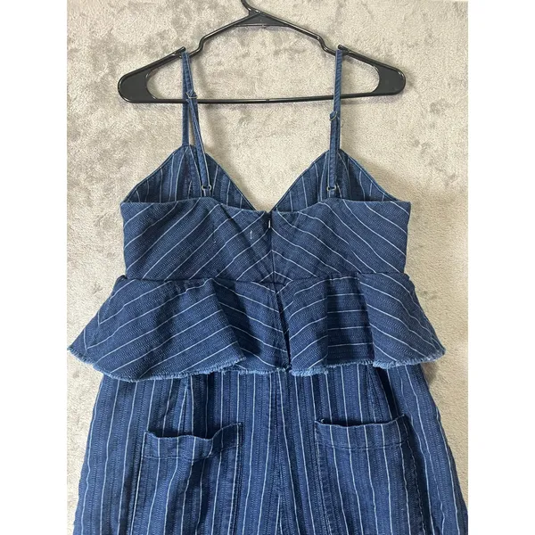 Anthropologie‎ Ett:twa Striped Denim Peplum Jumpsuit Wide Leg Blue Pinstripe LG - Image 5