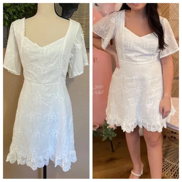 NWOT Lulus Morning in Mallorca White Cotton Eyelet Short Sleeve Mini Dress - Image 3