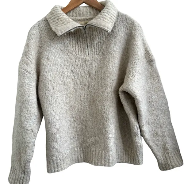 Anthropologie by Anthropologie Quarter Zip Collar Sweater Wool Blend Cream Tan M - Image 2