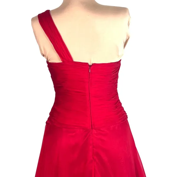 VTG Flowy Red Chiffon One Shoulder Rhinestone Prom Evening Gown XS Train - Image 8