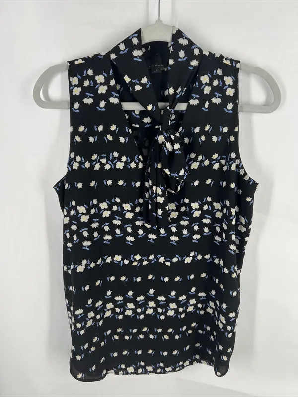 Ann Taylor Floral Tie Neck V-Neck Sleeveless Blouse Black Size S - Image 2