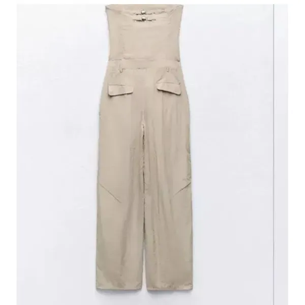 Zara Strapless Off The Shoulder‎ Nylon Jumpsuit, Khaki, Size Xs Bloggers Fav - Image 2