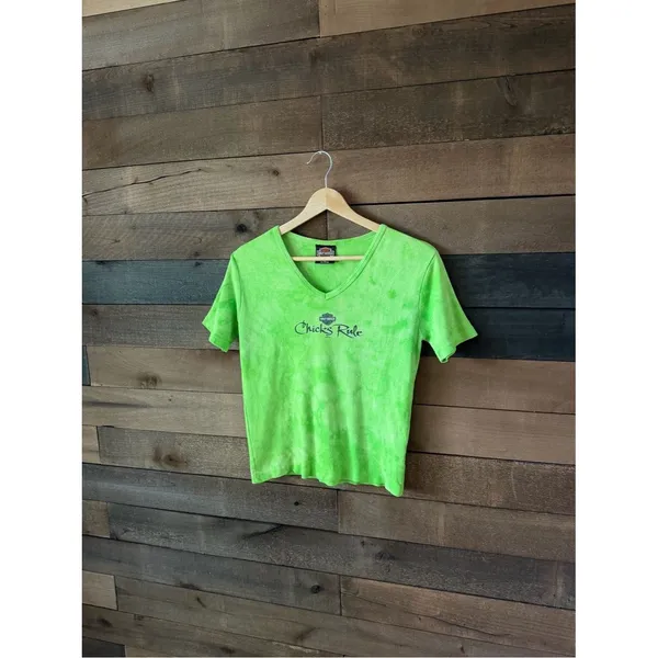 Vintage Harley Davidson Chicks Rule Lime Green Tie Dye Baby Tee - Image 8
