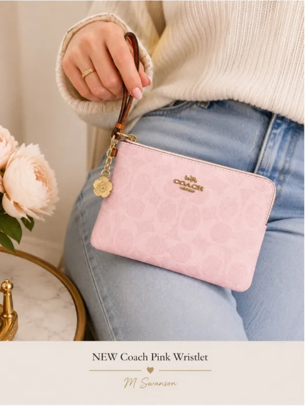 NEW Coach Corner Zip Wristlet In Powder Pink Signature Canvas With Charms NWT - Image 4