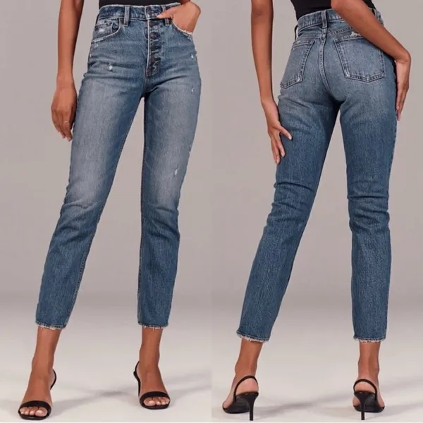 Abercrombie & Fitch Mom Jeans Women Size 10 Blue High Rise Distressed Button Fly - Image 2