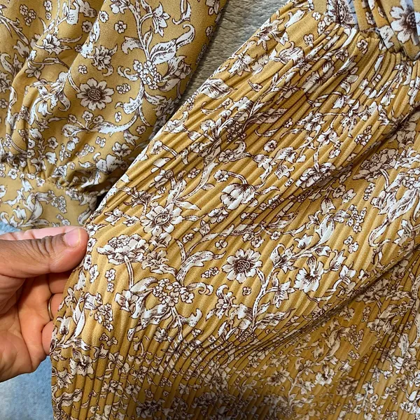 Floral Midi Dress Yellow Ruched Front Pleated Skirt Cottagecore Indie Feminine M - Image 4