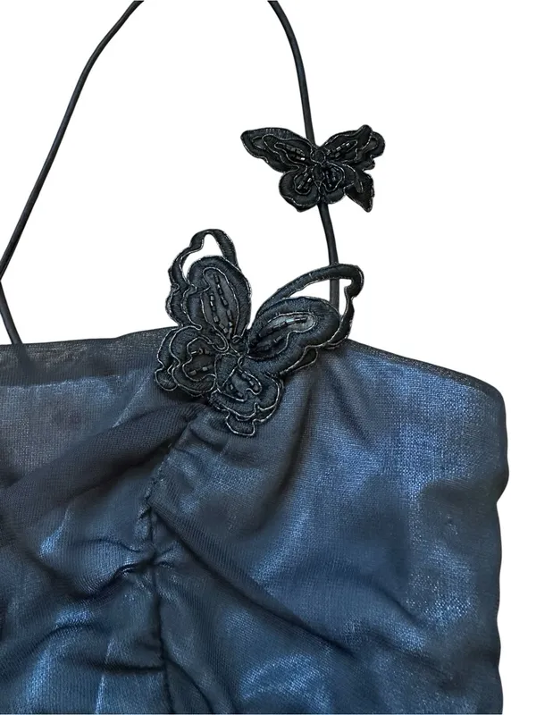 Vintage Zum Zum Blue Black Mesh Overlay Maxi Dress Prom Formal Gown 90s Y2K - Image 6