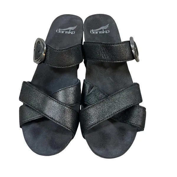 Dansko Tiffani Black‎ Metallic Leather Wedge Sandals Buckle Slide 3420820200 39 - Image 2