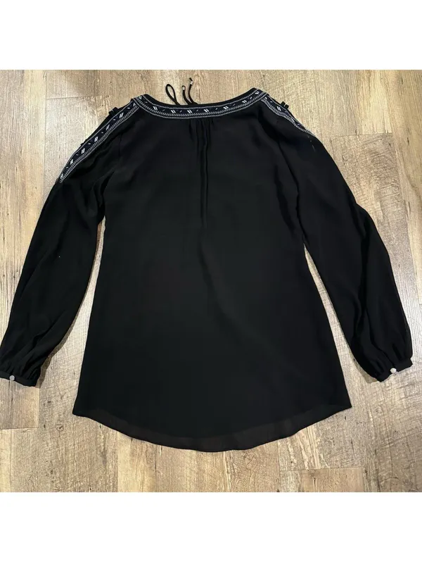 WHITE HOUSE BLACK MARKET 0 Black Embroidered Neck Tie Peasant Long Sleeve Top - Image 6