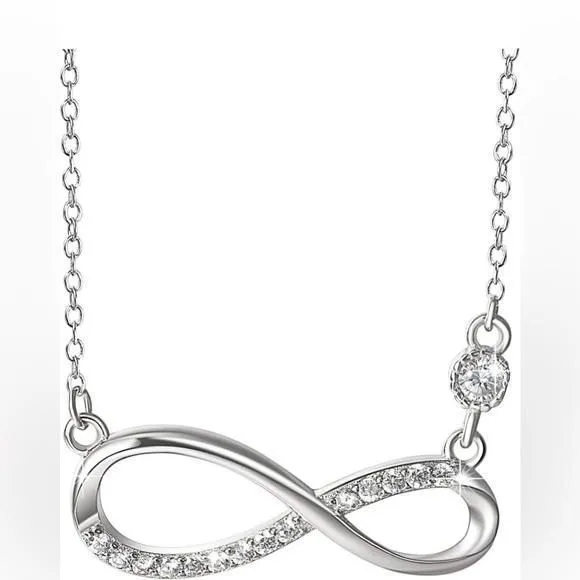 Sterling Silver Plated Infinity Pendant Necklace Cubic Zirconia Cable 18" Chain - Image 2