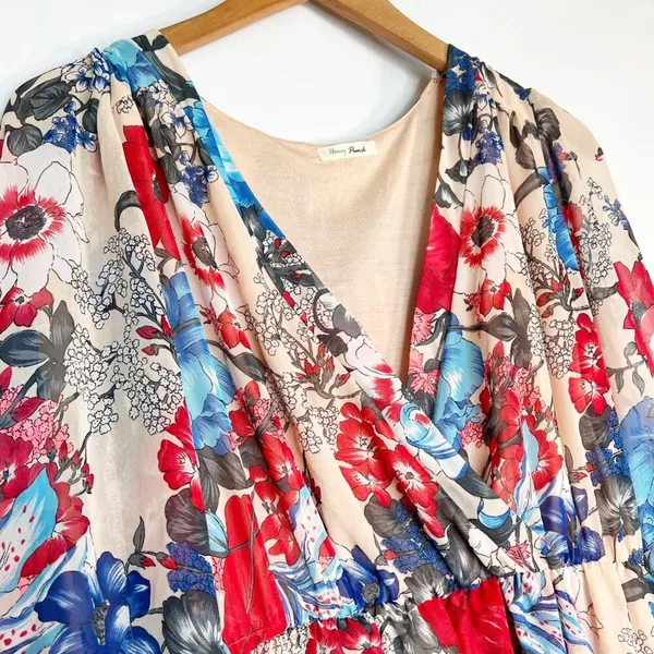 Honey Punch Nude Multicolor Floral Print Flowy Long Sleeve Dress Lulus Womens M - Image 5