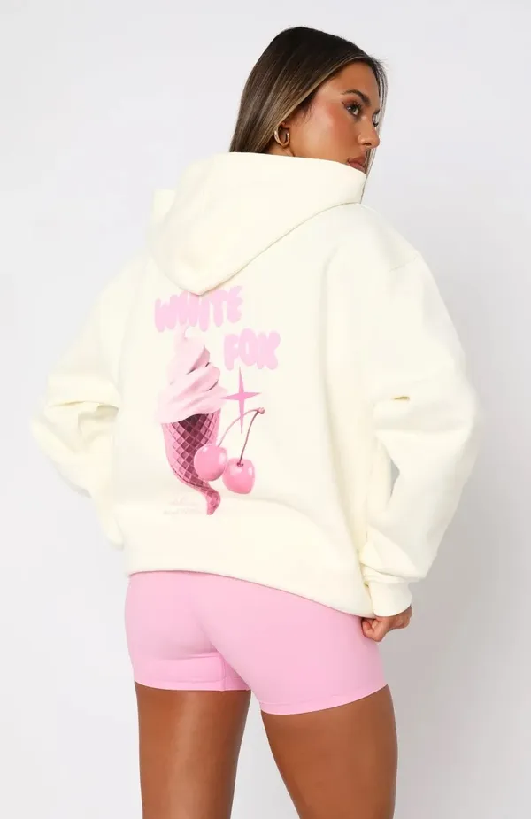 White fox white and pink hoodie sweatshirt oversized cream - Image 3
