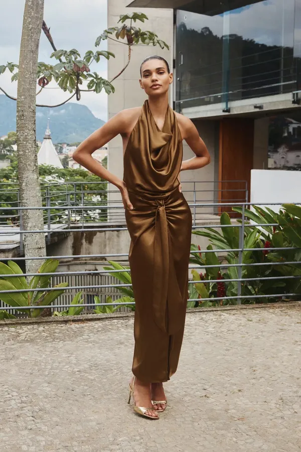 Zara Brown Satin maxi long Dress evening party holiday wedding cocktail gown - Image 12