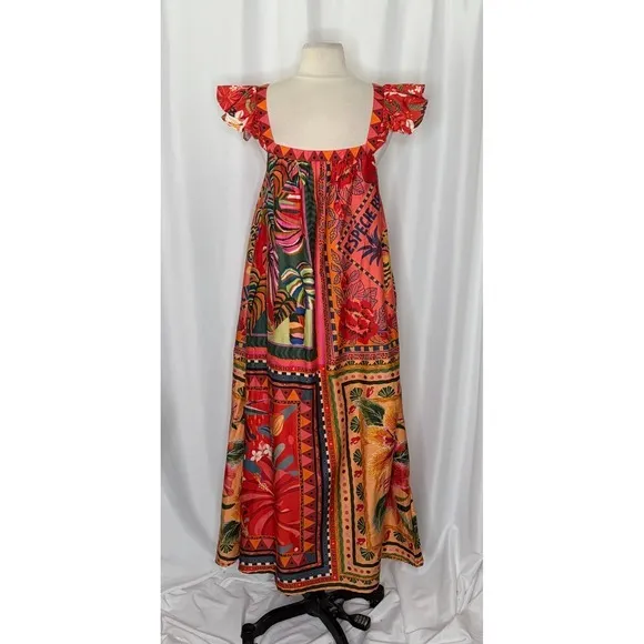 Anthropologie FARM RIO Mosaic Midi Dress Cotton Pockets Colorful Tropical Medium - Image 9