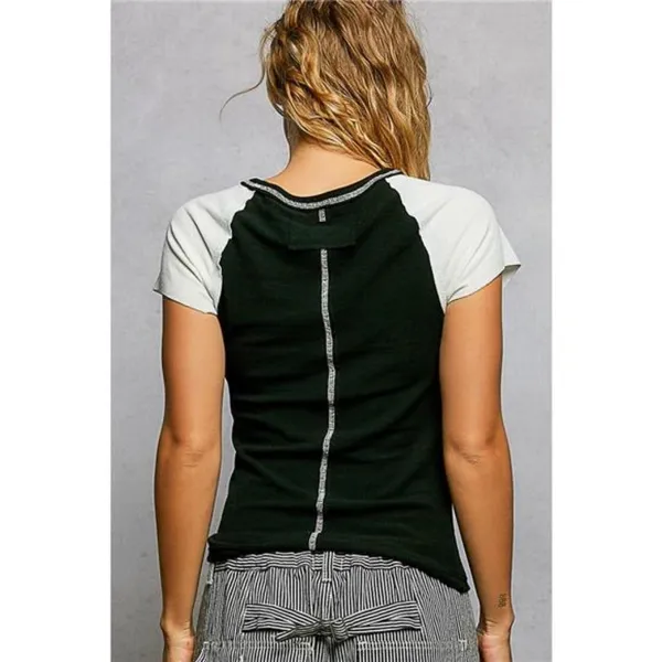 POL Round Neck Outseam Detail T-Shirt‎ with Contrast Color Sleeves - Image 4
