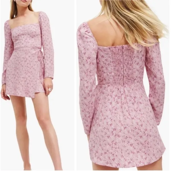 Reformation Rosalie long sleeve‎ mini dress baby’s breath pink white floral sz 6 - Image 2