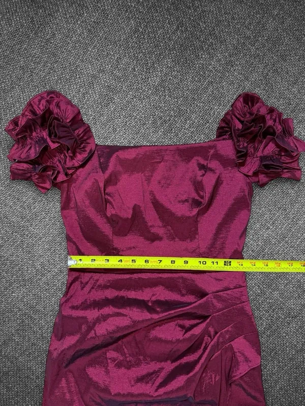 Xscape Burgundy Off Shoulder Ruffle Sleeve Ruched Formal Gown Size 10P - Image 6