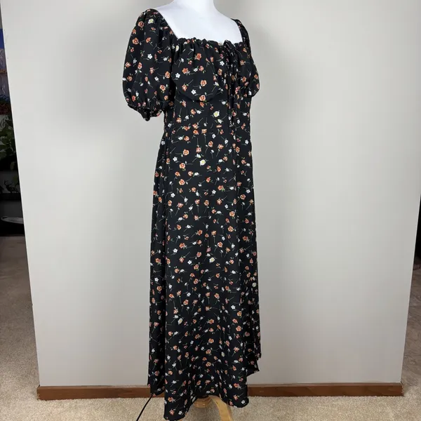 Milkmaid Maxi Dress Womens XL Black‎ Floral Feminine Smocked Puff Short Sleeve - Image 12