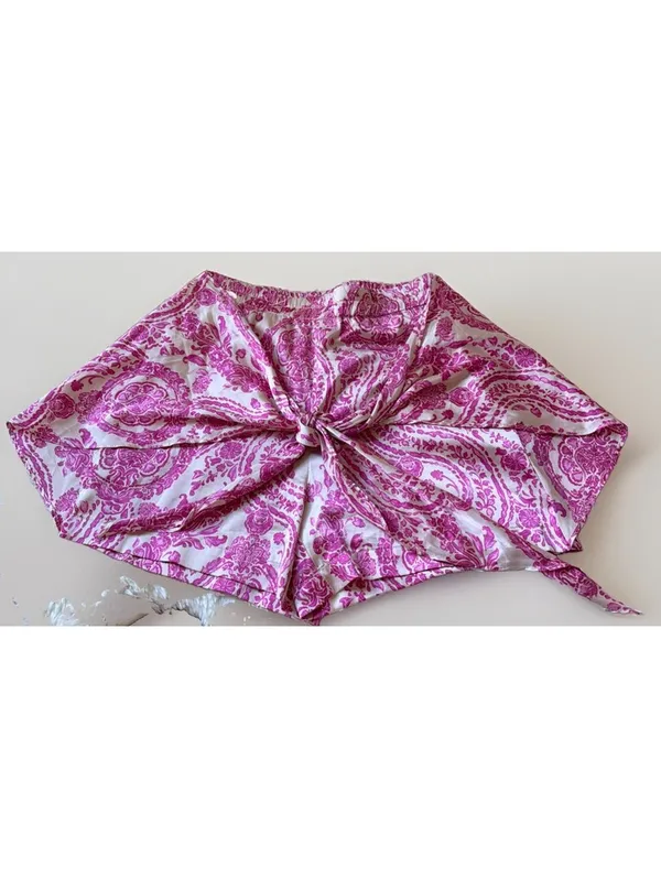 Lulus Satin Ivory Magenta Satin High-Waisted Boho Print Tie-Front Shorts X-Small - Image 3
