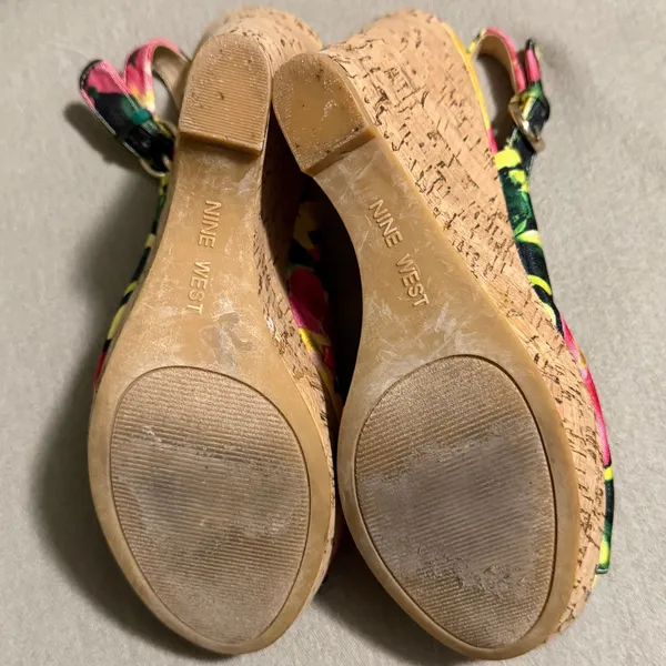 Nine West Massie Floral Cork Wedge Slingback Sandals Multicolor Peep Toe 6.5M - Image 6