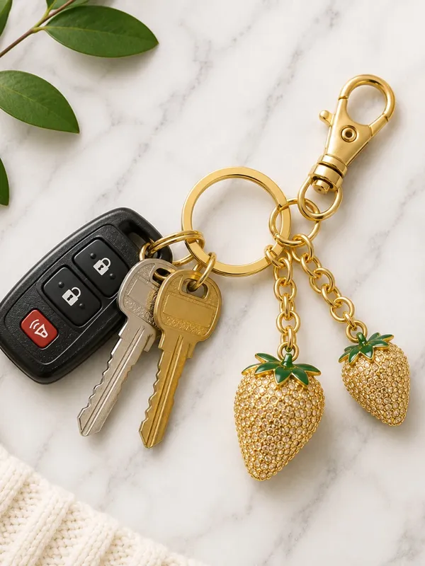 Strawberry Charm Keychain Gold and Green - Image 3