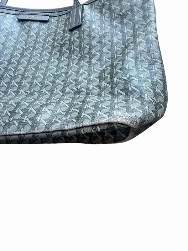 Tory Burch Gray & Black Textured Monogram Small Tote Bag Zip Top Logo Canvas - Image 9