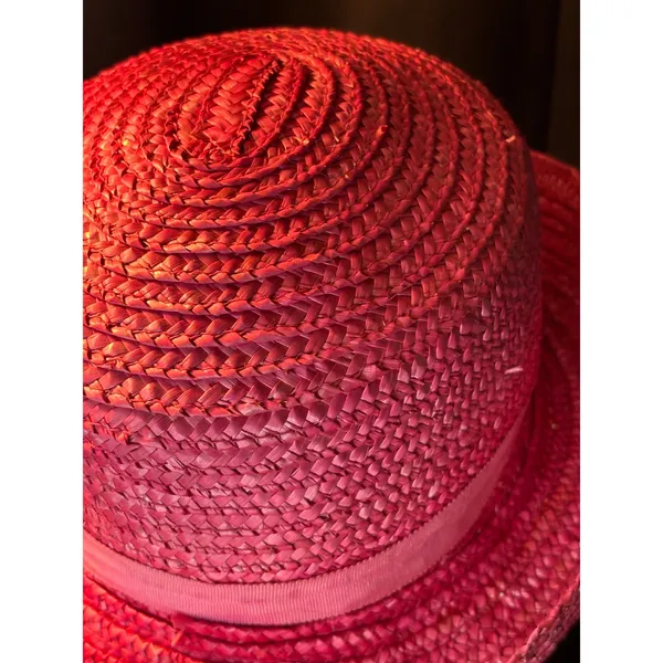 Vintage Magenta Pink Straw Sun Hat Wide Brim Floral‎ Ribbon Accent Summer Beach - Image 7