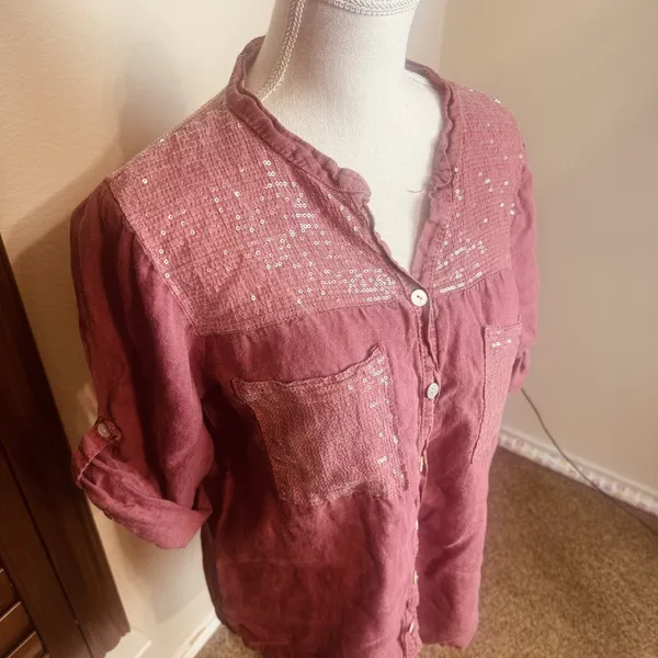 Dusty Rose 100% Linen Top Blouse made in Italy sequins roll tab sleeves camp M - Image 2