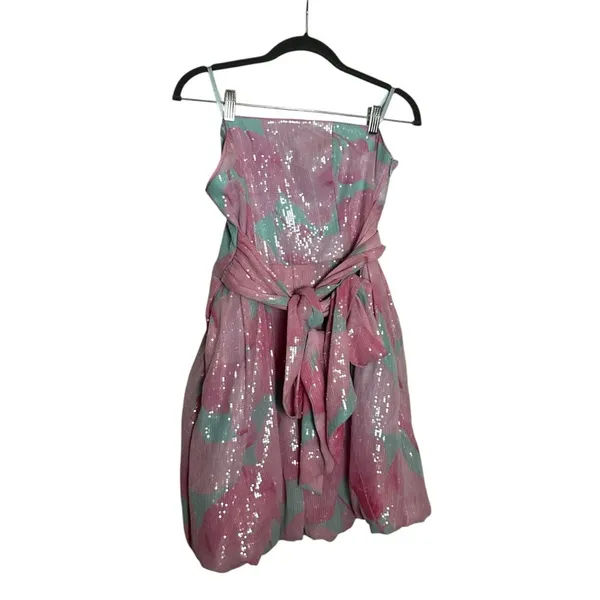Hutch Anthropologie Aqua Balloon‎ Mini Dress Sequin Bubblegum Blue & Pink Size 4 - Image 3