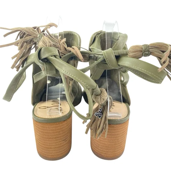 Sam Edelman Sampson Green Suede Tassel Ankle Tie Peep Toe Heeled Mule Sandals 8 - Image 3