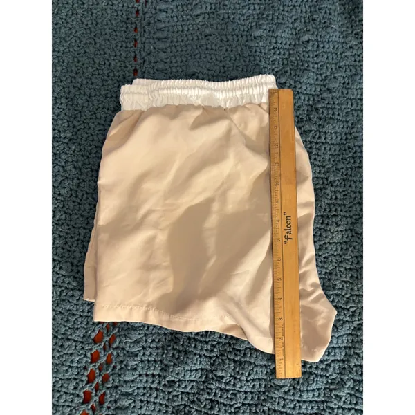 Tan Athletic Shorts with White Elastic Drawstring Waistband and Pockets - Image 2