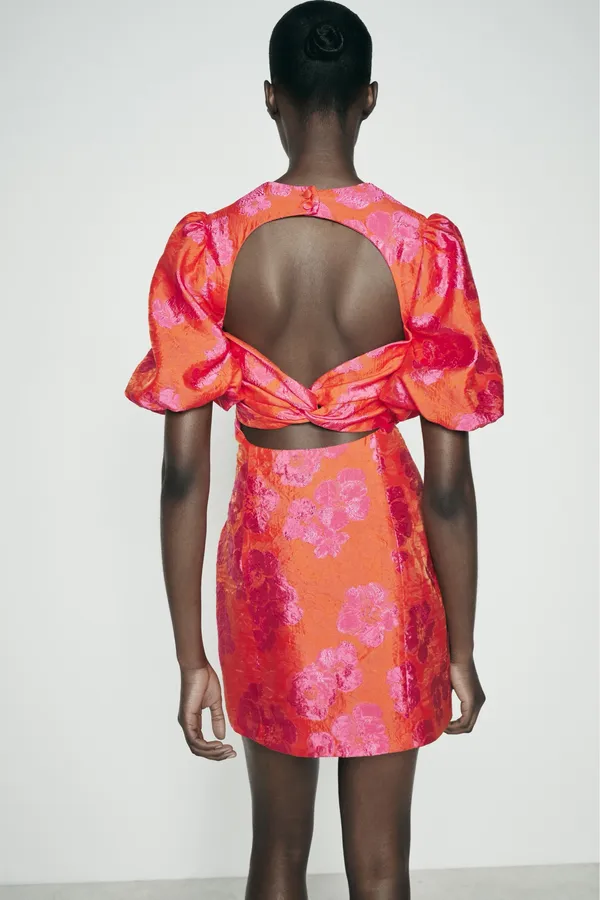 Zara dress mini puff wide sleeve cut out hot Pink Floral wedding summer vacation - Image 8