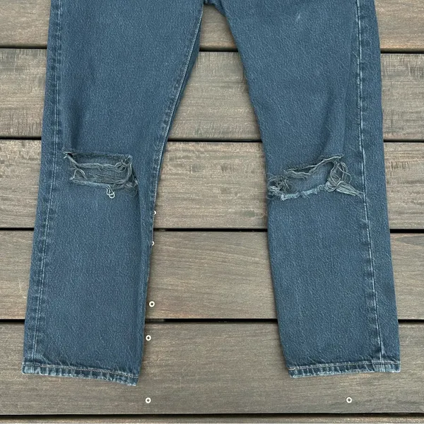 Levi's Straight Leg 501 Dark Wash Blue Denim Jeans w/ Distressed Knees - Image 6