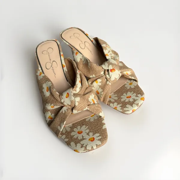Jessica Simpson Size 8 Floral Bow Mule Heels Square Toe Daisy Shoes Women's - Image 2