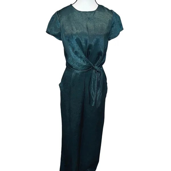 Lulus Let Me Entertain You Dark Green Satin Wide Leg Jumpsuit Tie Front Size XS - Image 4