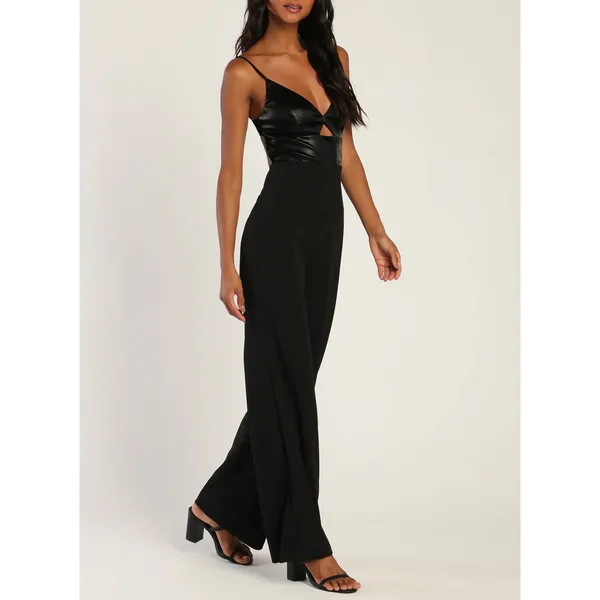 Lulus Fit the Fashion Black Sleeveless Vegan Leather Wide-Leg Jumpsuit Medium - Image 3