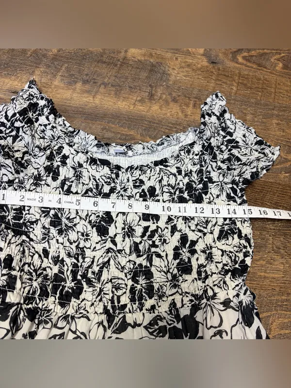 American Eagle Women Medium Black Cream Floral Smocked Tiered Cotton Mini Dress - Image 7