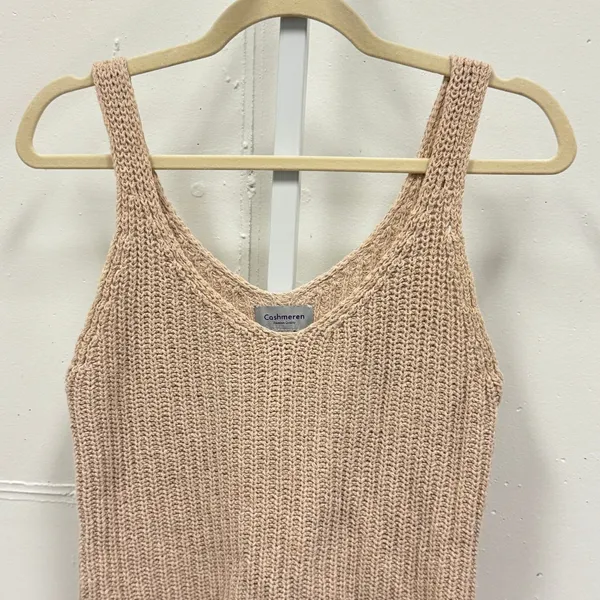 Cashmeren Women's Beige Knit Tank Top V-Neck Sleeveless Ribbed Minimalist Summer - Image 3