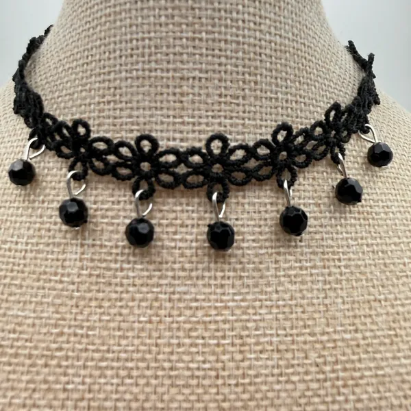 Gothic Moody Witchy Floral Tatting Beaded Choker One Size Black - Image 3