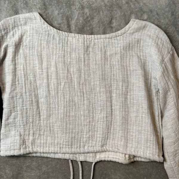 A. Ren Cotton Crinkle Gauze Crop Top Womens S Long Sleeve Drawstring Boho Beige - Image 3