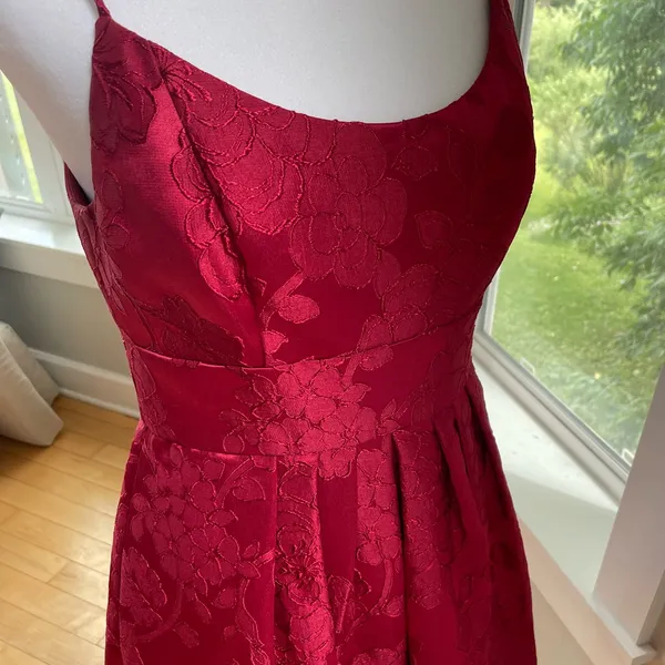 David’s Bridal Crimson Red Floral Jacquard Ballet Scoop Neck Homecoming Dress - Image 6