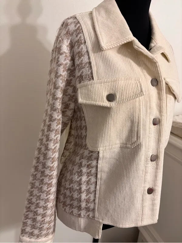 Mystree Corduroy Jacket S Cream Herringbone Mixed Media Utility Shacket fall - Image 3