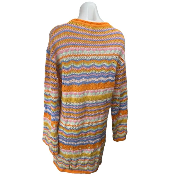 Women's Multicolor Striped Crochet Knit Long Sleeve Sweater Mini Dress Size L - Image 2