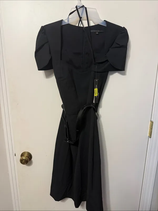 ANTONIO MELANI Black Midi Dress with Puff Sleeves - Image 4
