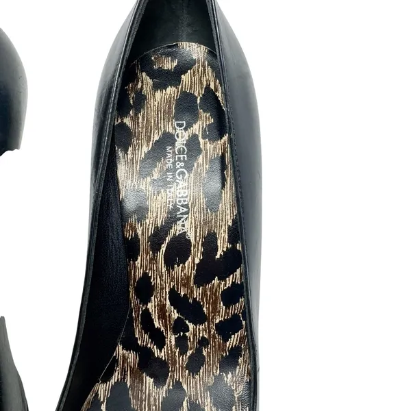 Dolce & Gabbana Black Leather Pointed Toe Lace Up Detail Leopard Pump 39 - Image 3