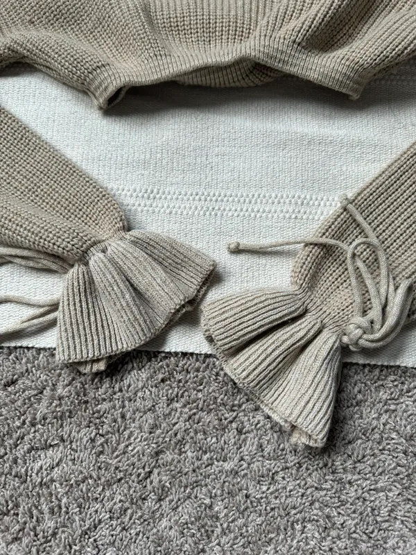Tan Knit Puff Ruffle Sleeve Bow Tie Cropped Long Sleeve Sweater Top - Image 7