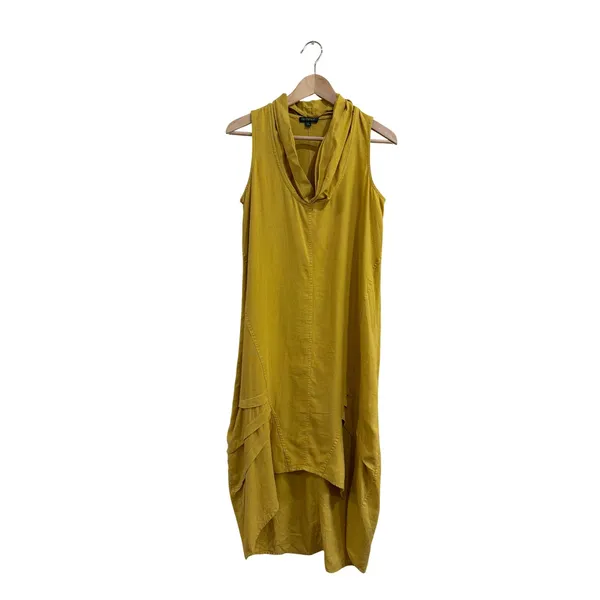 For Cynthia Mustard Yellow Linen Blend Cowl Neck Tulip Hem Midi Dress‎ Small - Image 3