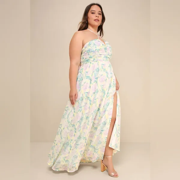 LULU’S Effortlessly Abloom Green Multi Floral Ruched Halter Maxi Dress - Image 7